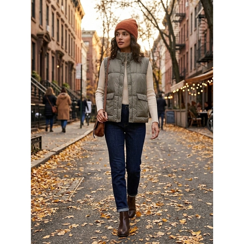 Common Stitch Puffer Vest Olive Green Quilted Snap Front Pockets XL